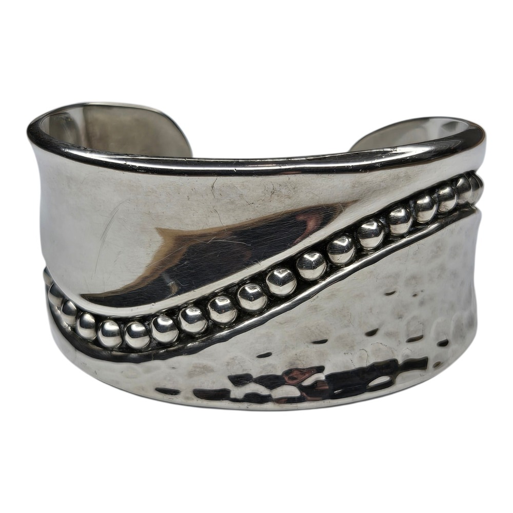 Vintage ATI‎ Mexico 925 Sterling Silver Modernist Hammered Bead Cuff Bracelet